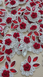 Red Rose Rhinestone Flower Motif Patches Craft Supplies – Pack of 10
